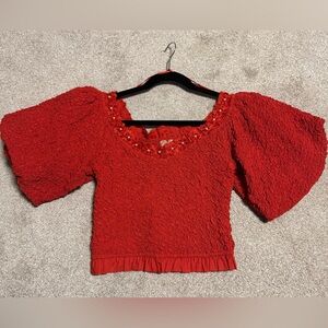 Show Me Your MuMu Textured Red Blouse with Floral Accents